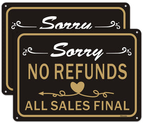 Afuven No Refunds Sign 10x7 front view with bold black and gold for clear visibility