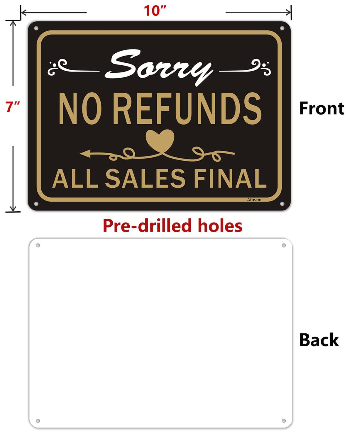 Afuven No Refunds Sign 10x7 night-ready reflective surface improves noticeability after dark