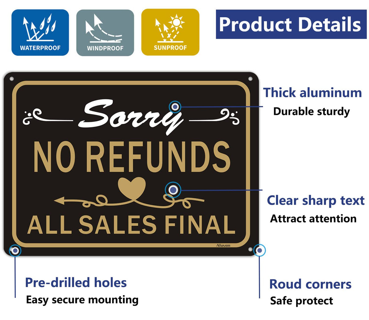 Afuven No Refunds Sign 10x7 rust-free aluminum resists weather for outdoors