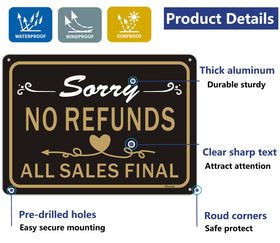 Afuven No Refunds Sign 10x7 rust-free aluminum resists weather for outdoors