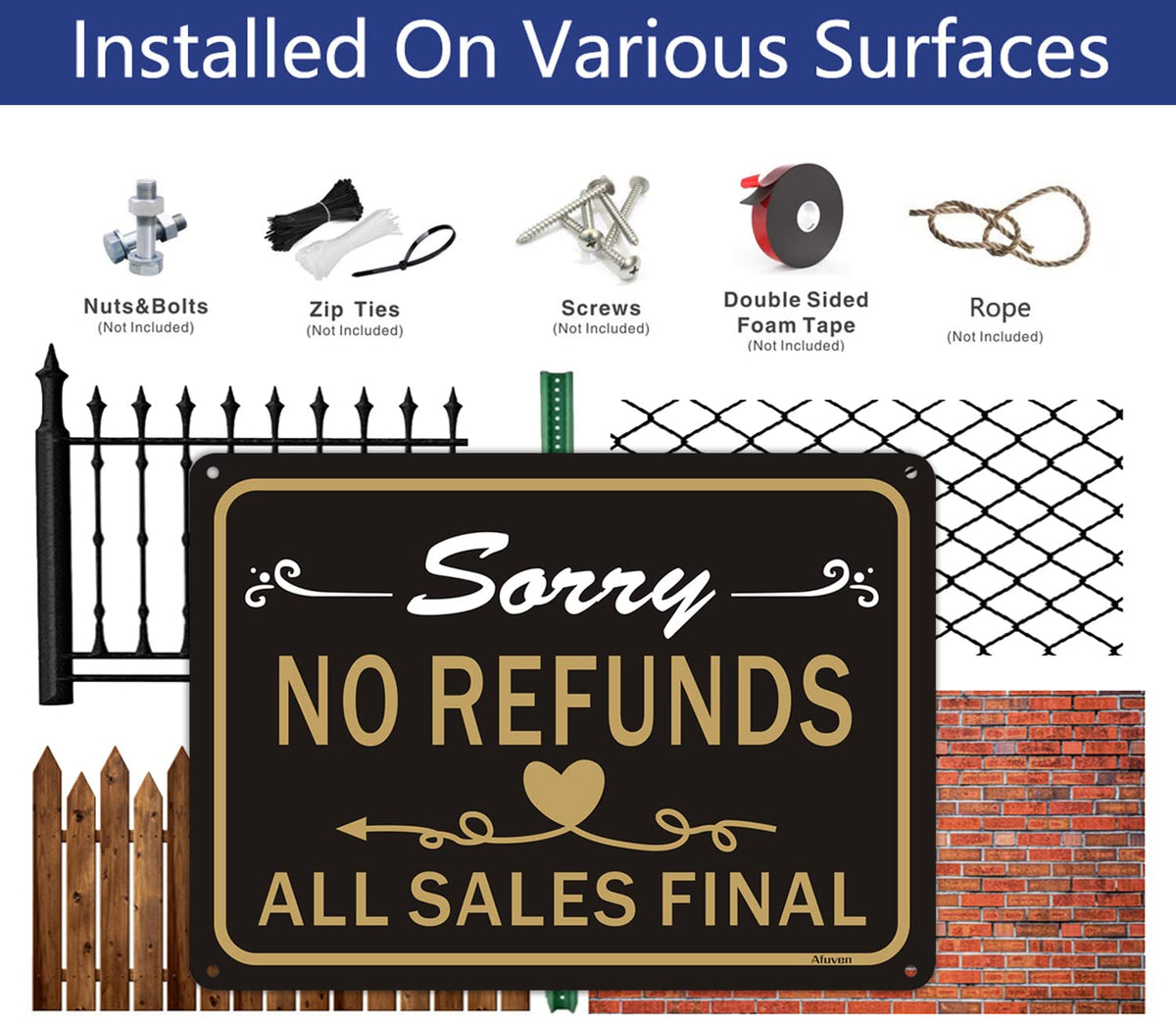 Afuven No Refunds Sign 10x7 waterproof and dust-proof for durable, long-lasting use