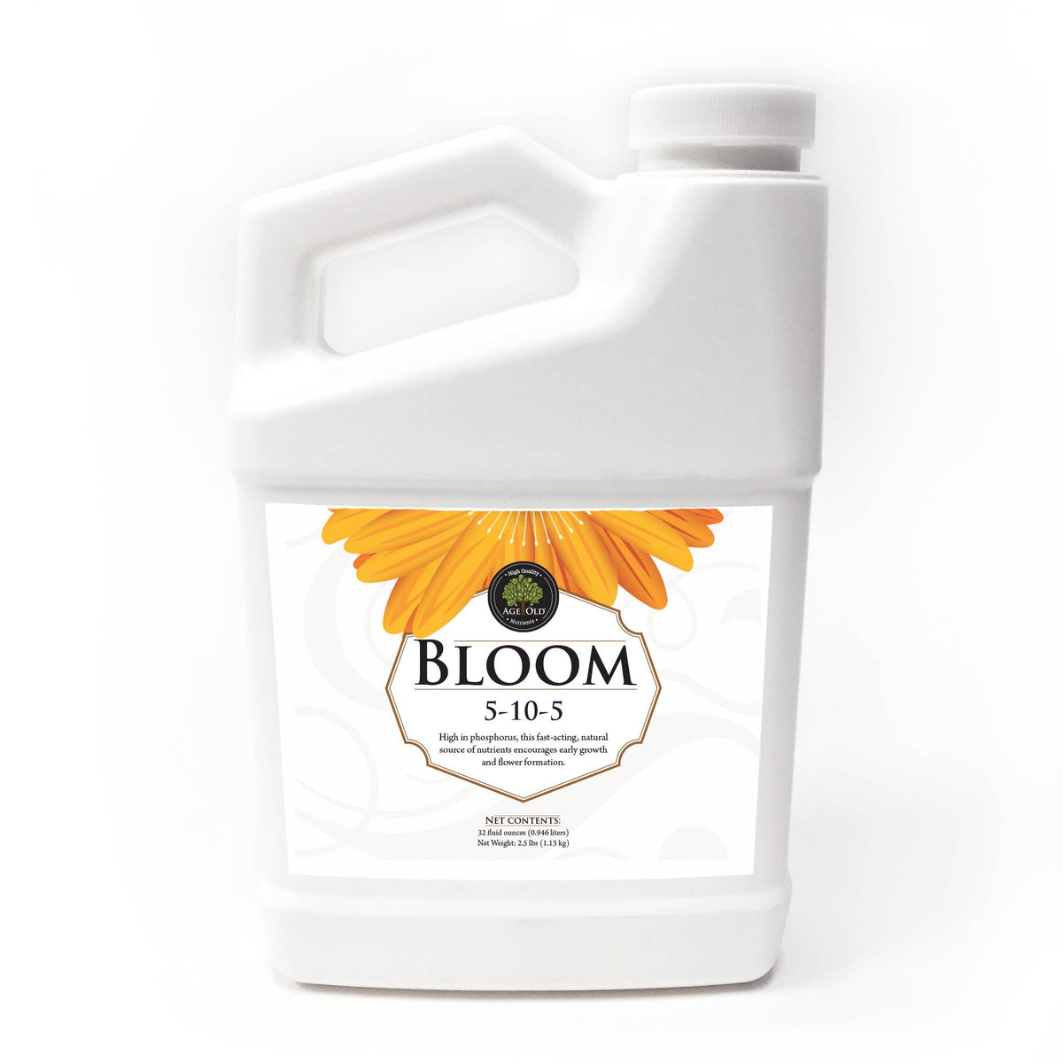 Age Old Bloom liquid fertilizer bottle pour supports early flowering and quick nutrient delivery.