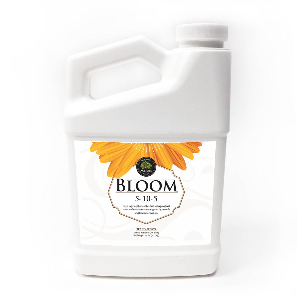 Age Old Bloom liquid fertilizer bottle pour supports early flowering and quick nutrient delivery.