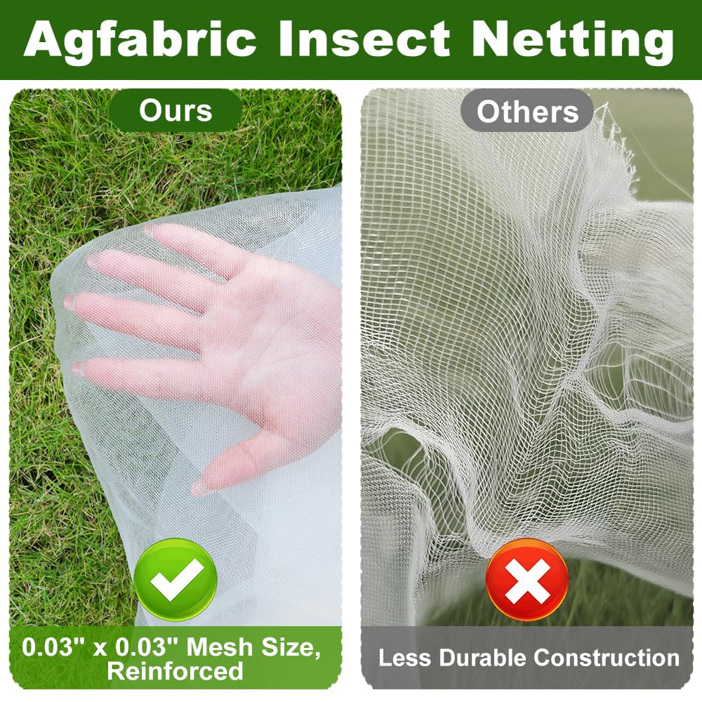 Agfabric deer and rabbit fence netting deters wildlife from garden beds.