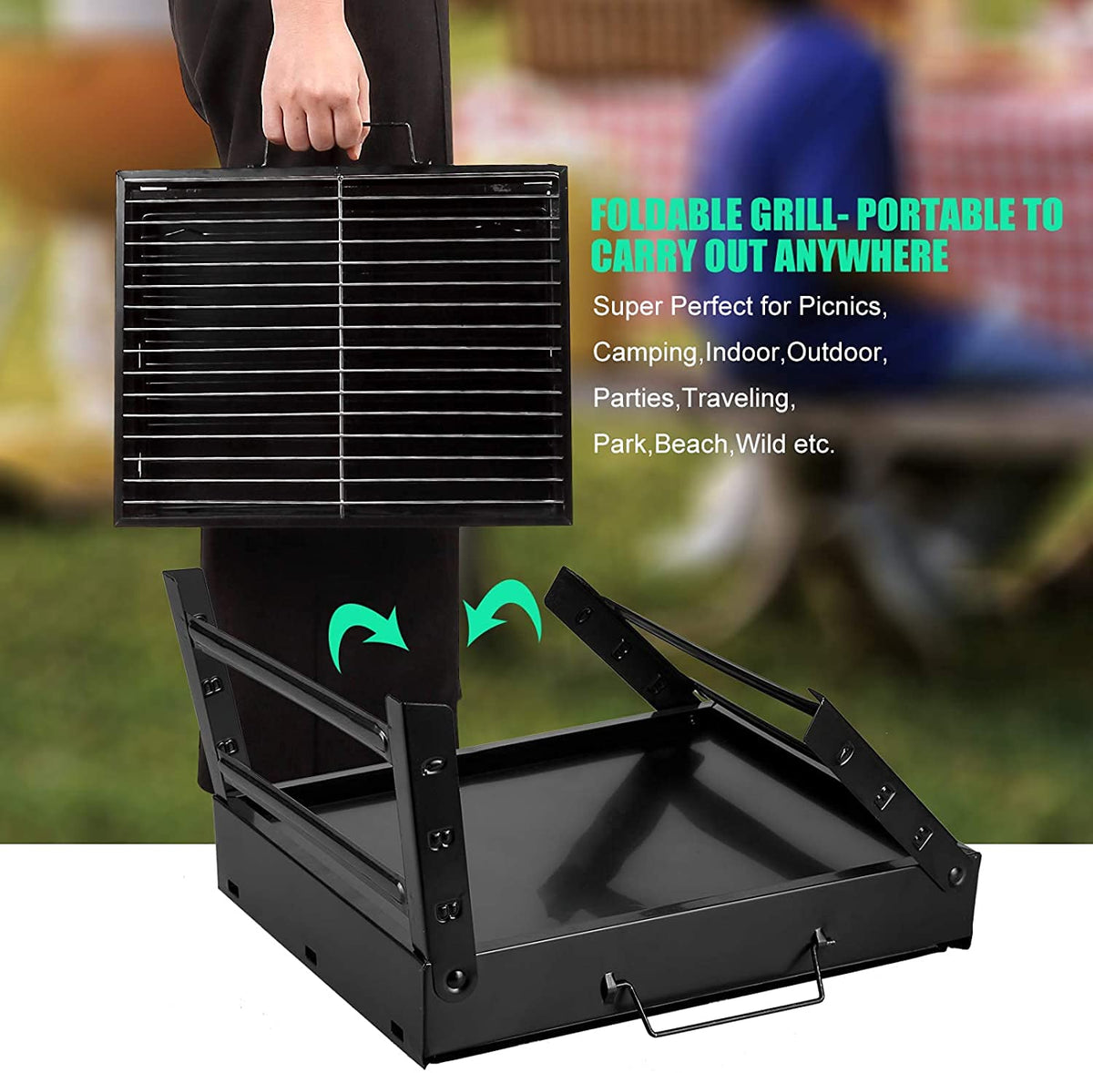 AGM folding portable barbecue grill outdoors enabling camping meals.