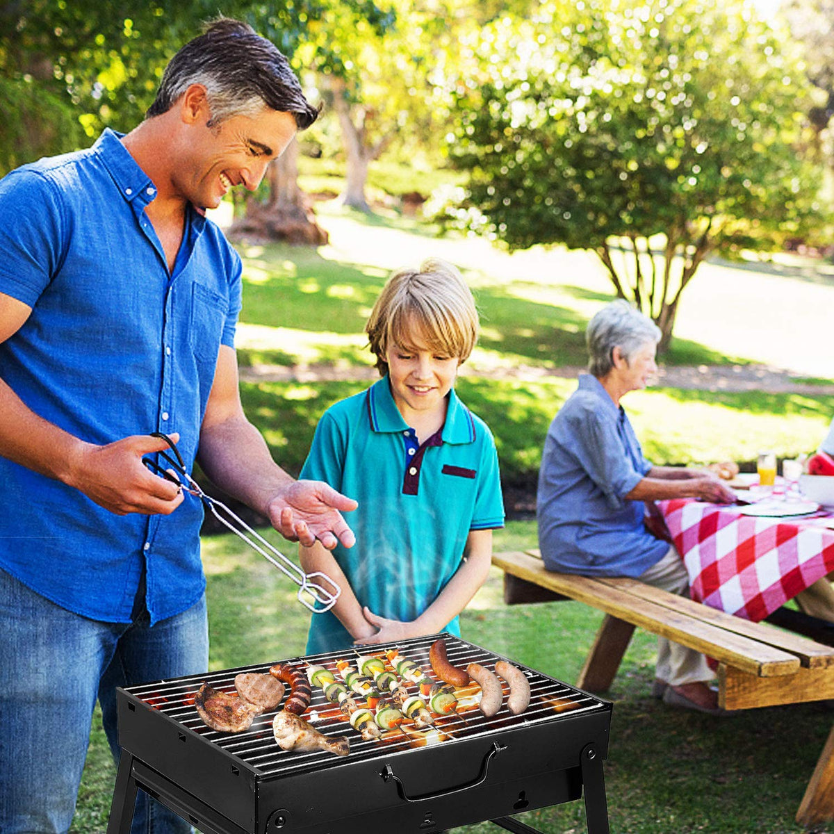 AGM folding portable barbecue grill vent system enabling efficient burn.