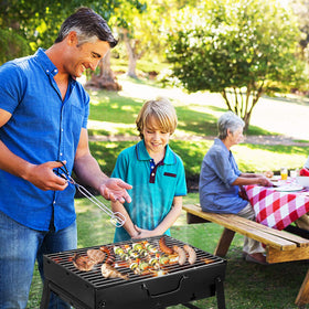 AGM folding portable barbecue grill vent system enabling efficient burn.