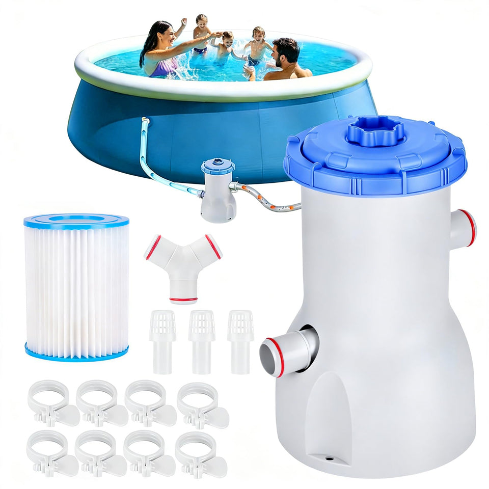 AGPTEK 800 GPH pool filter pump overview for above-ground pools with compact design.
