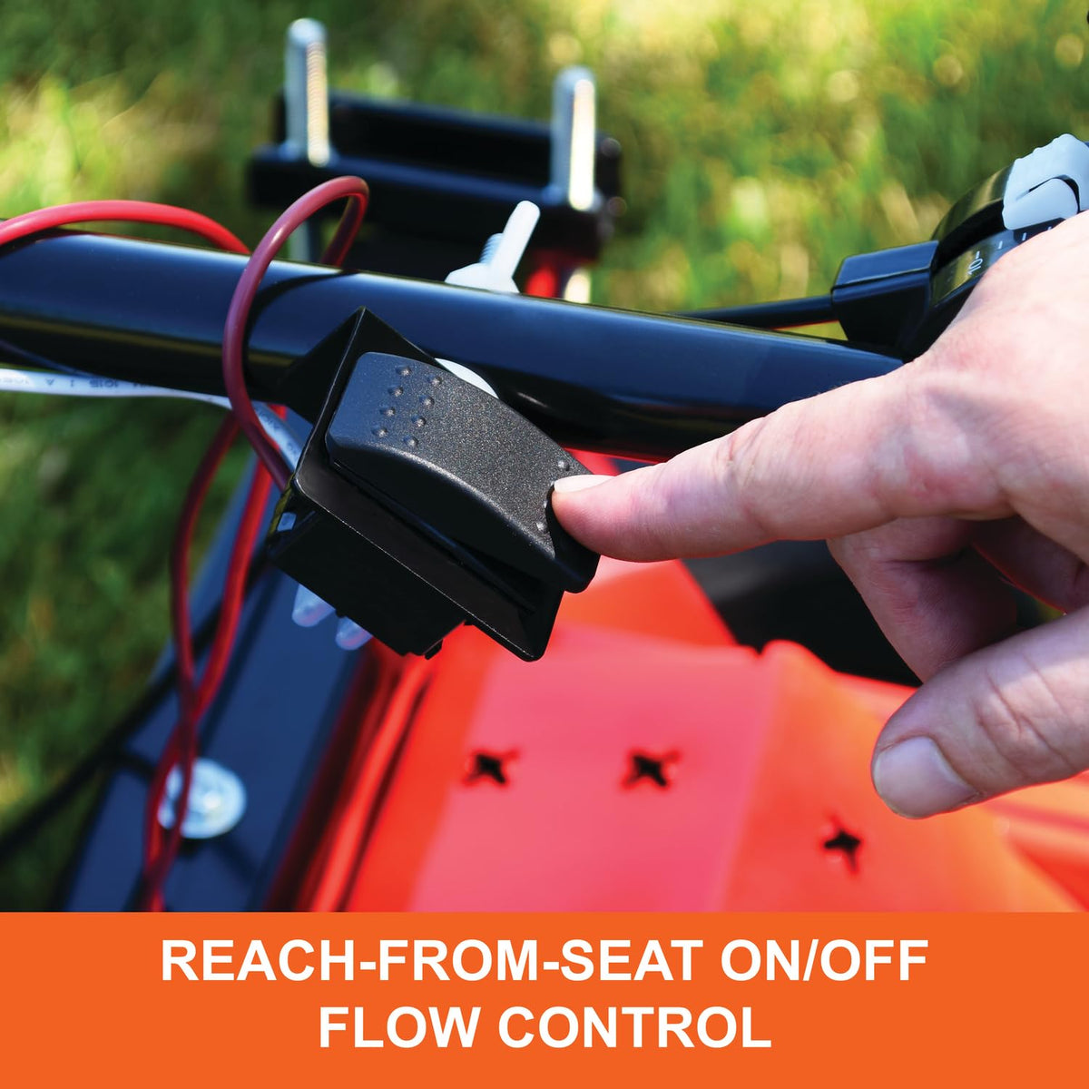 Agri-Fab ZT Spreader coverage area displays up to 12 ft width for efficient fertilizing.