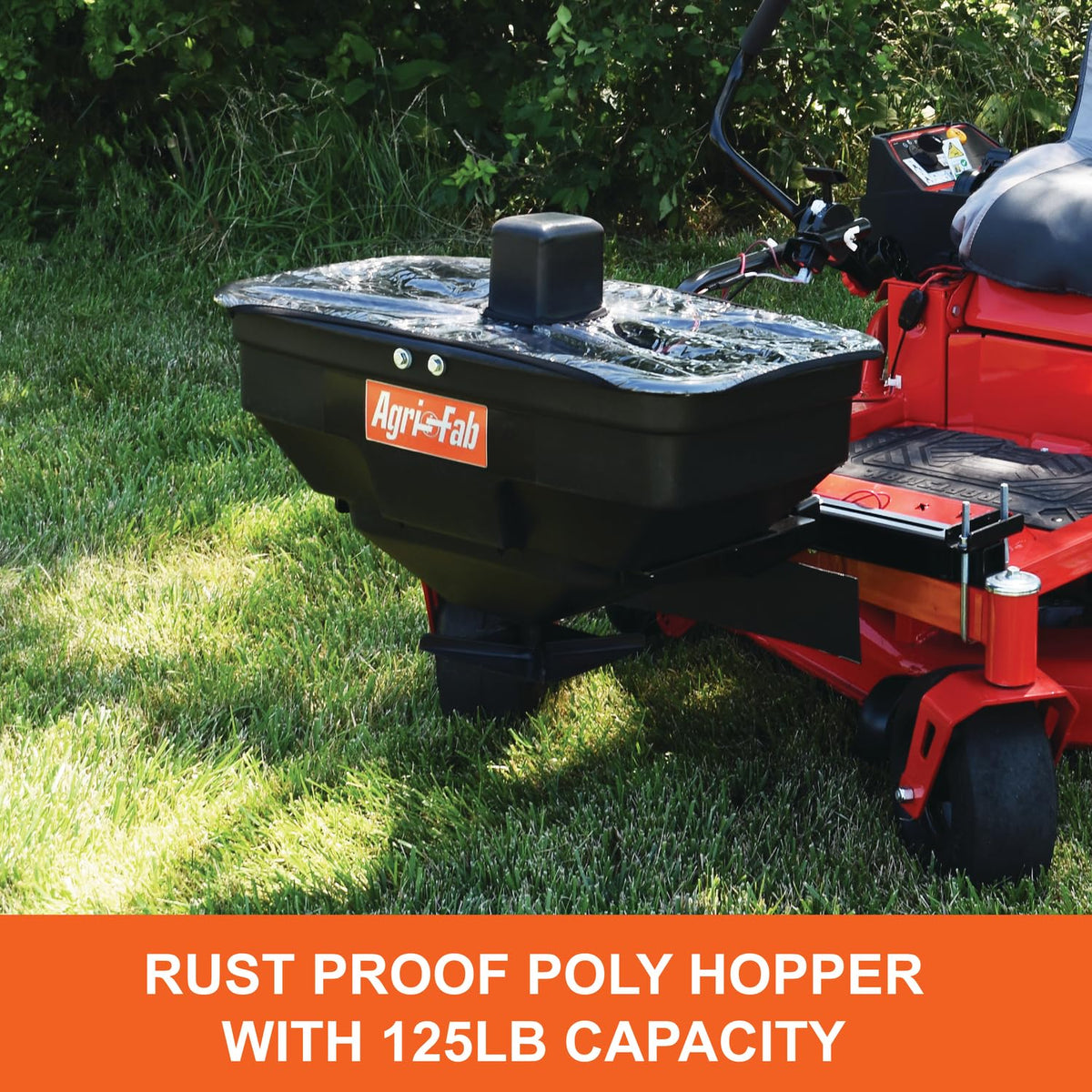 Agri-Fab ZT Spreader hopper closeup highlights rugged construction and sealed motor protection.