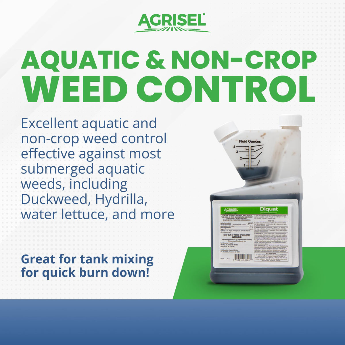 Agrisel Diquat weed killer label closeup showing EPA-approved formulation and safe usage.