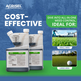 Agrisel Diquat weed killer in landscape setting addresses garden weeds with safe ornamentals.