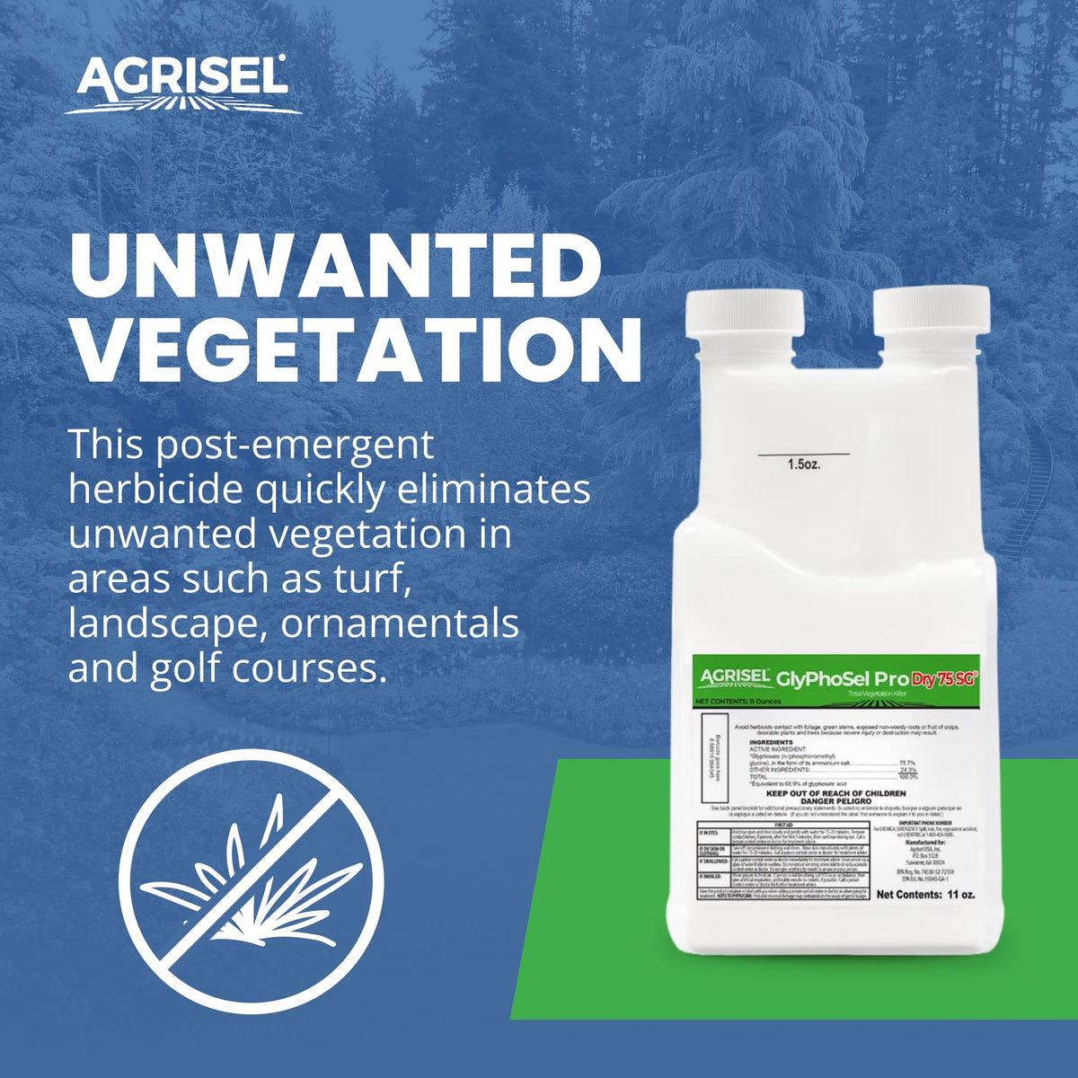Agrisel GlyPhoSel Pro Dry75 fast-acting weed control appears quickly.