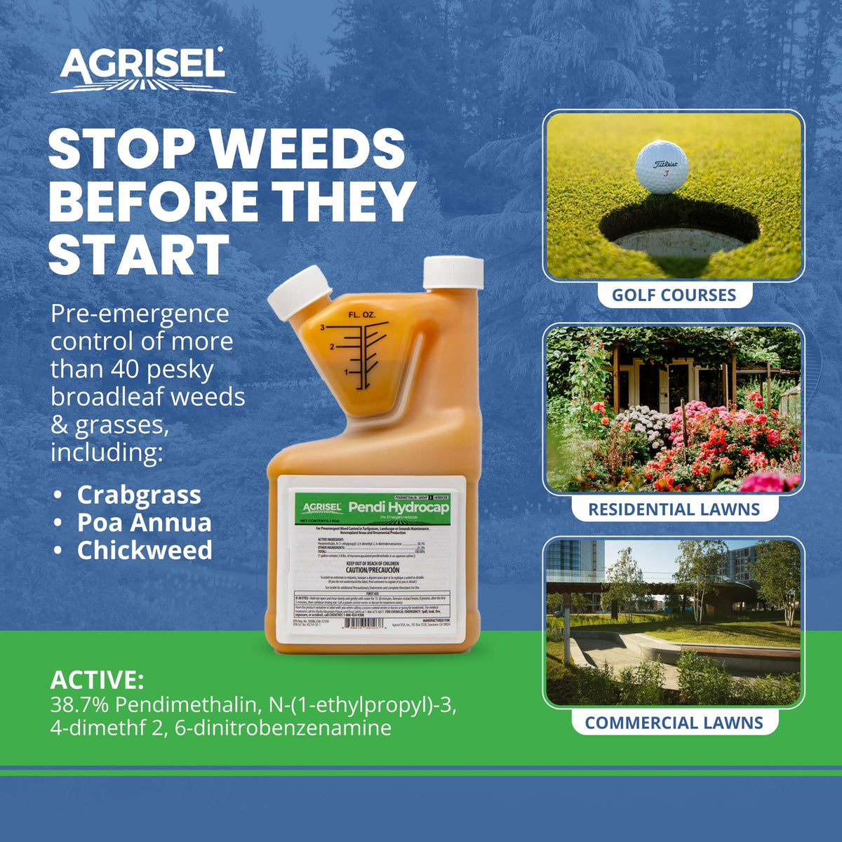 Agrisel Pendi Hydrocap demonstrates pre-emerge action to prevent seed germination.