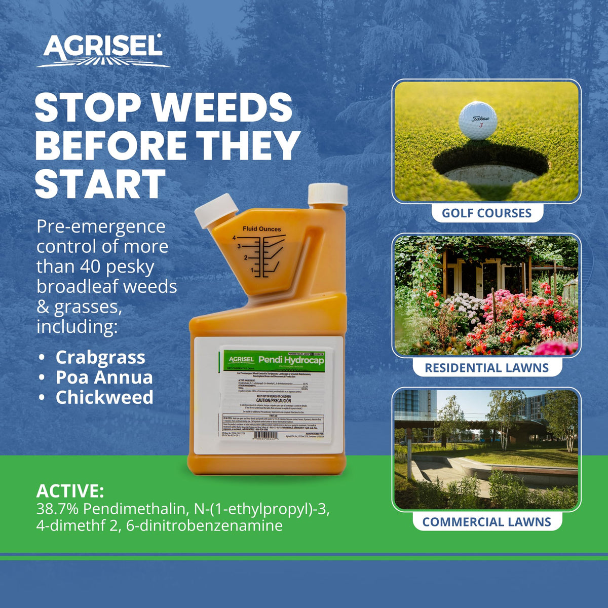 Agrisel Pendi Hydrocap Weed Killer label highlights broadleaf and grass weed control.