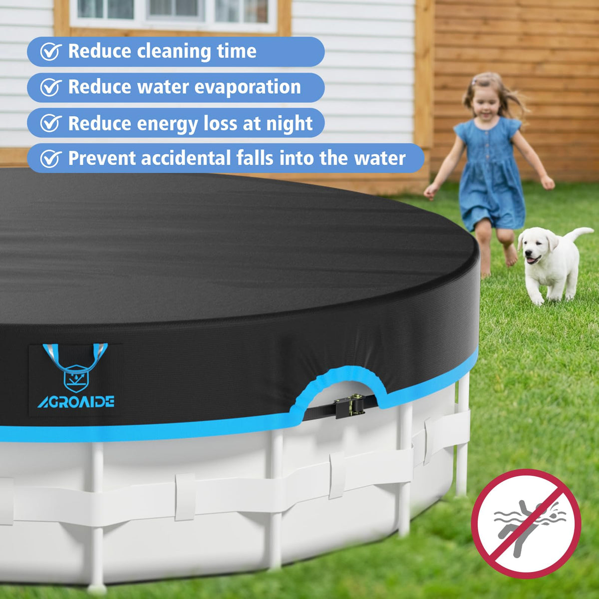 AGROAIDE round pool cover in use over water and leaves.