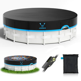 AGROAIDE 14ft round pool cover close-up highlights tear-resistant design guarding against rain pooling.