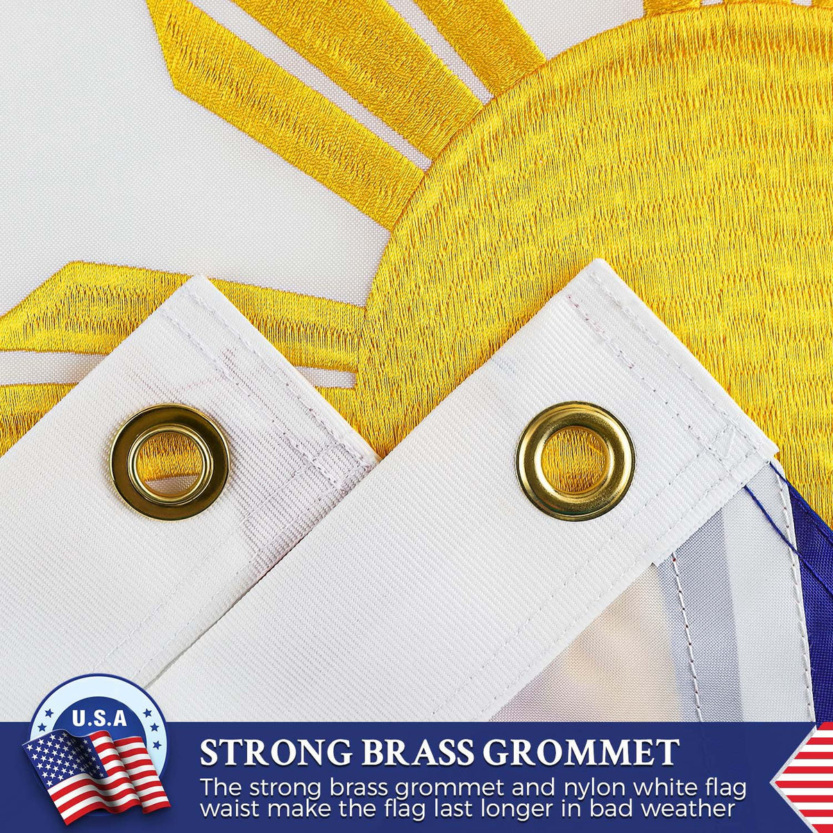 AGUIFLGS embroidered stars Philippines flag close-up shows durable stitching.