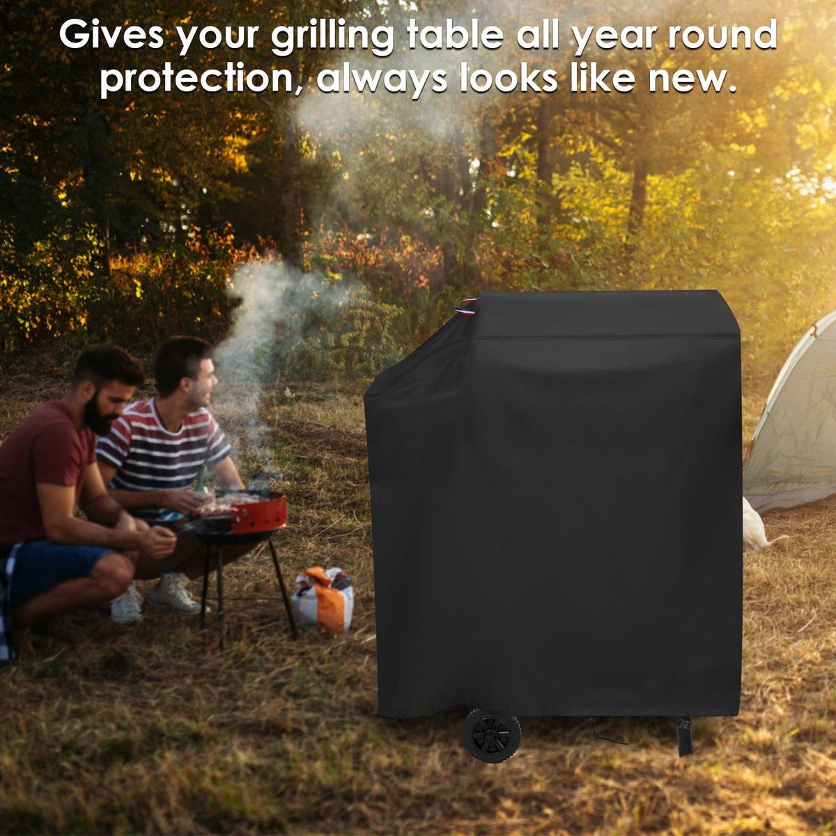 Agustone grill cover installed on grill during rain for protection