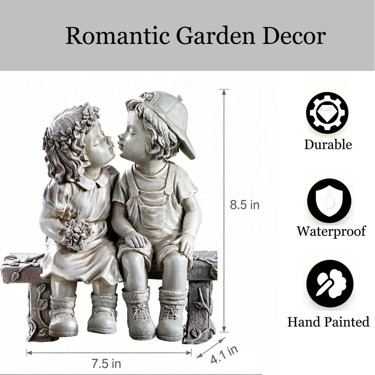 Ahbuohe Boy and Girl kissing garden figurine enhances flower bed decor.