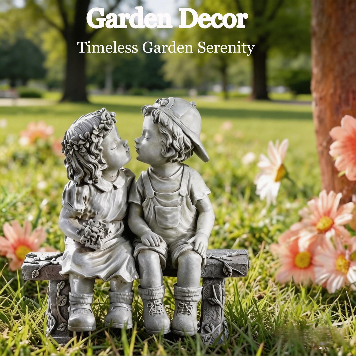 Ahbuohe Puppy Love kissing couple figurine brightens sunny patio spaces.