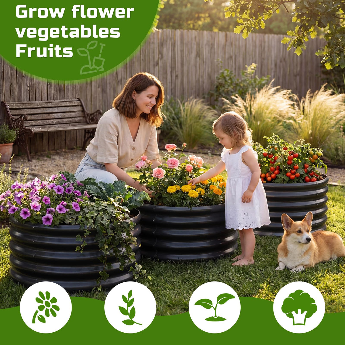 AHEONLAR round galvanized steel planter with open base for drainage.