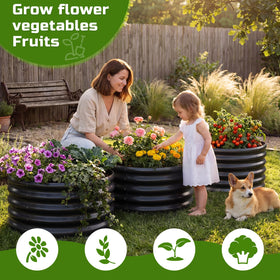 AHEONLAR round galvanized steel planter with open base for drainage.
