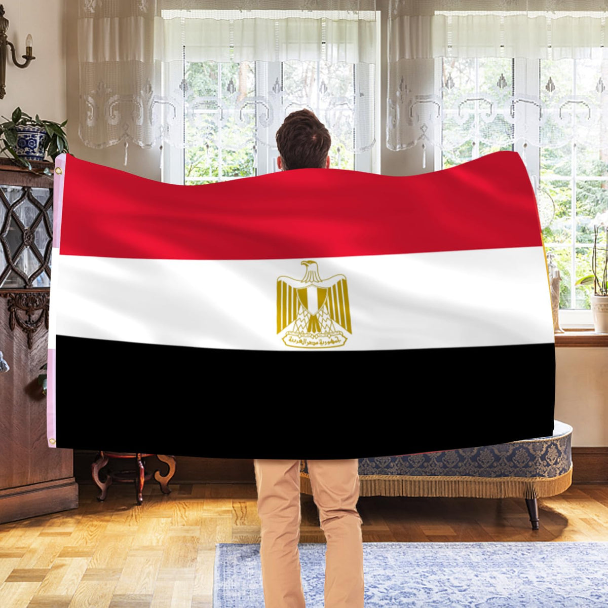 Canvas header on AhfuLife Egypt flag provides secure flagpole mounting.