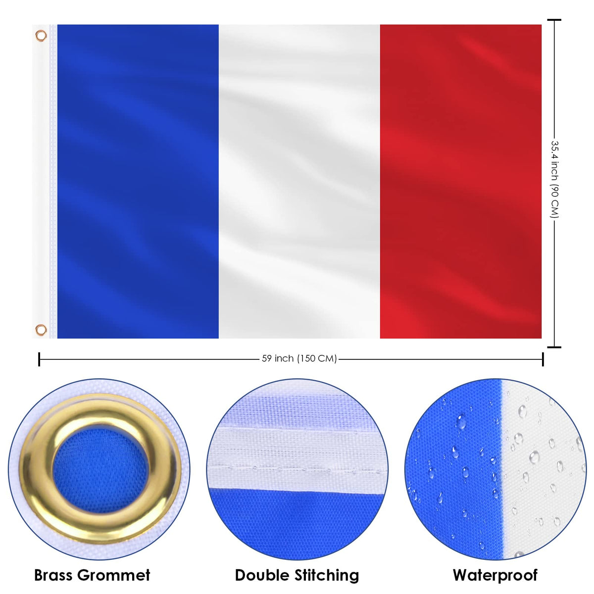 AhfuLife France flag with double stitching and brass eyelets for secure hanging