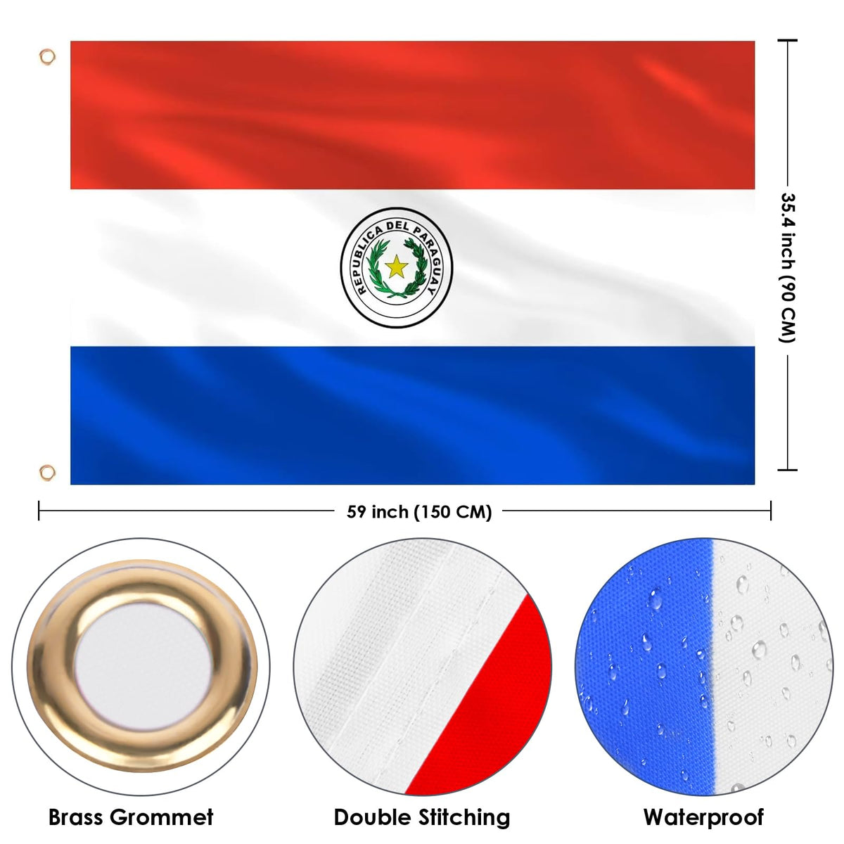 AhfuLife Paraguay flag 3x5ft brass eyelets provide sturdy mounting.