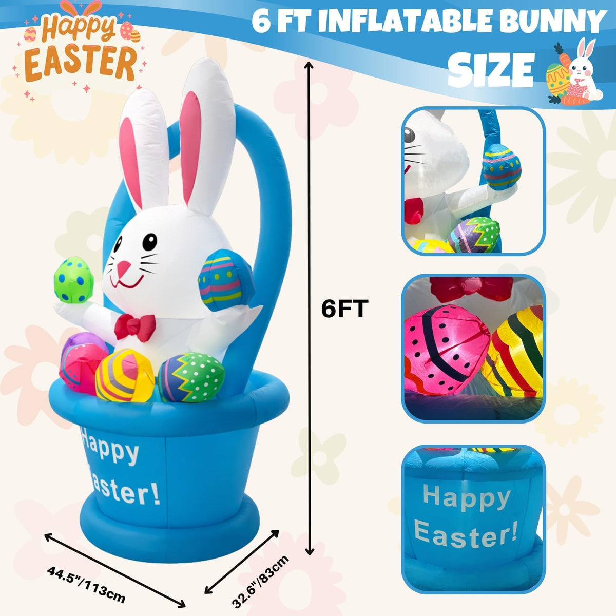 Ahititi bunny in egg basket with LED lights for festive night visibility