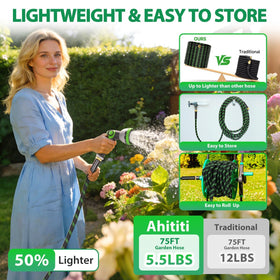 Ahititi garden hose 75 ft kink-free performance helps maneuver around shrubs and decor.