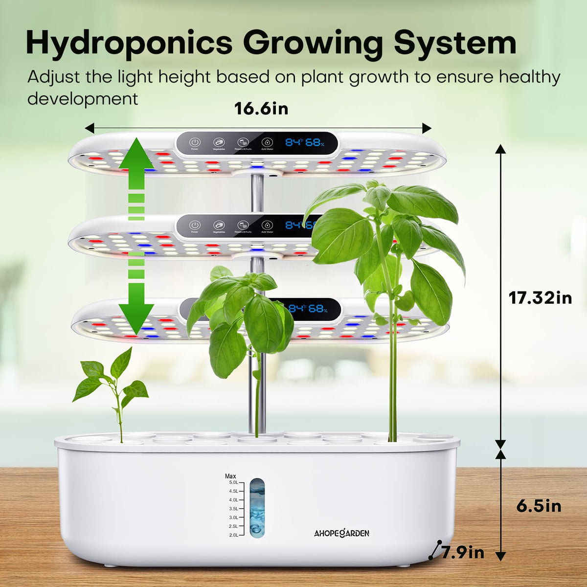 Ahopegarden hydroponics 5L water tank ensuring longer intervals between refills.