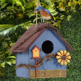 AHUONEL blue wooden nest box entry hole for small birds