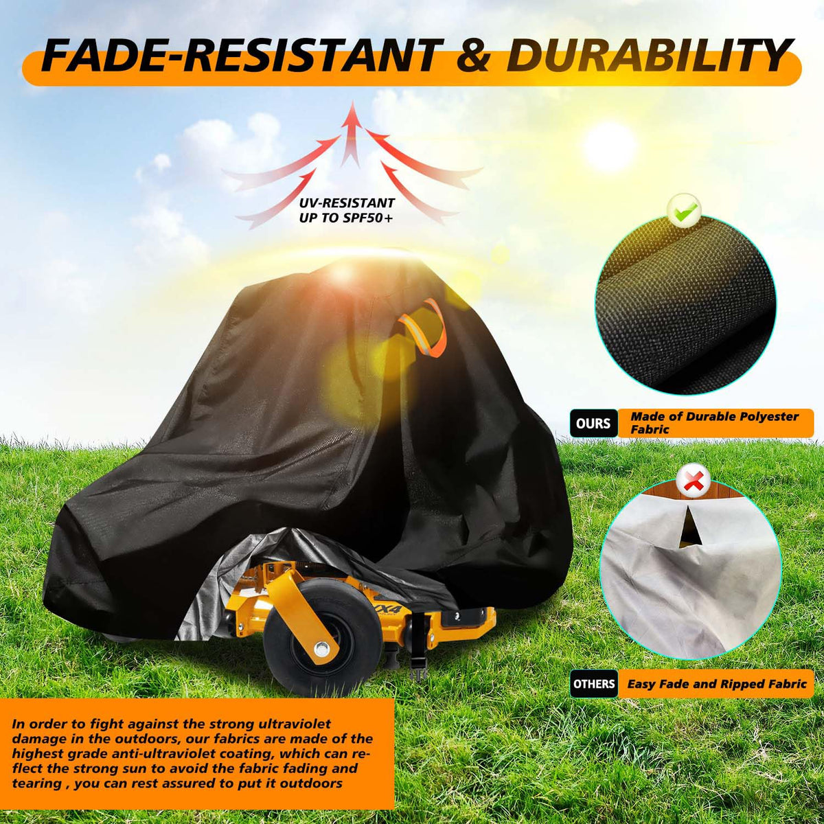 Aibiley mower cover front-marked orientation enables quick, easy installation.