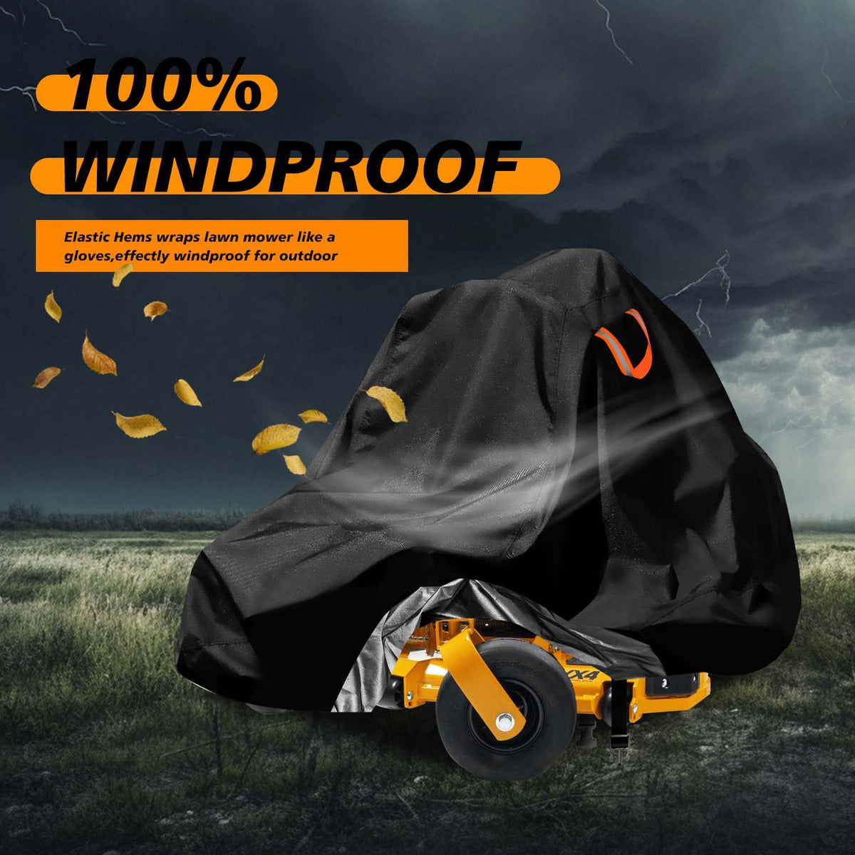 Aibiley mower cover features reflective strips for safer nighttime handling.