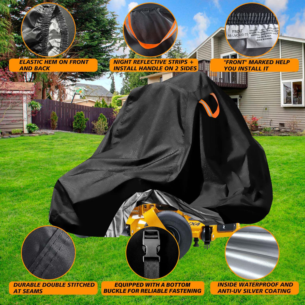Aibiley mower cover with windproof hem secures against strong winds outdoors.