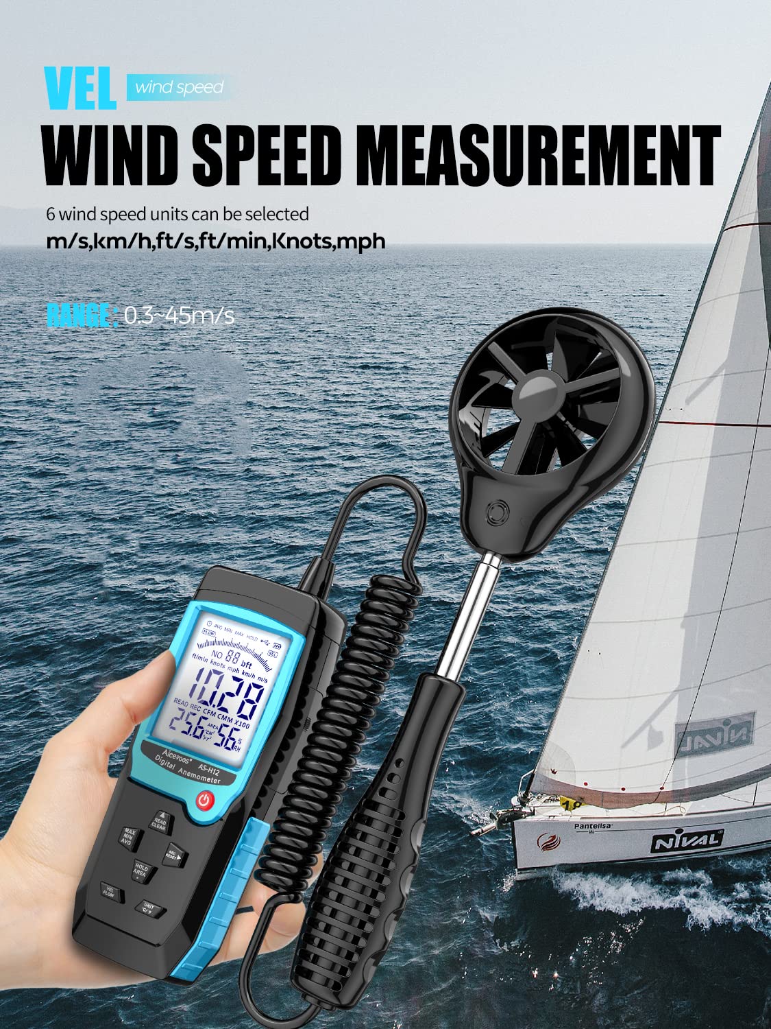 Aicevoos H12 wind speed units display enables quick unit switching.