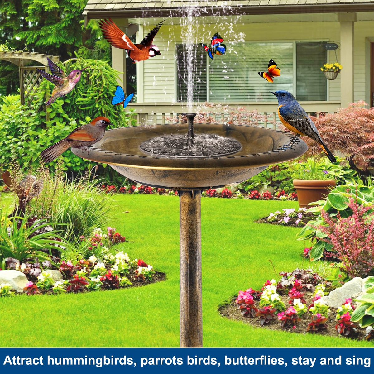 Aiddwrron Bird Bath solar fountain with six nozzles creates varied water displays in sunny days.