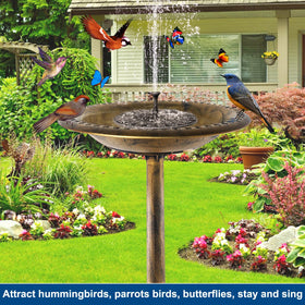 Aiddwrron Bird Bath solar fountain with six nozzles creates varied water displays in sunny days.