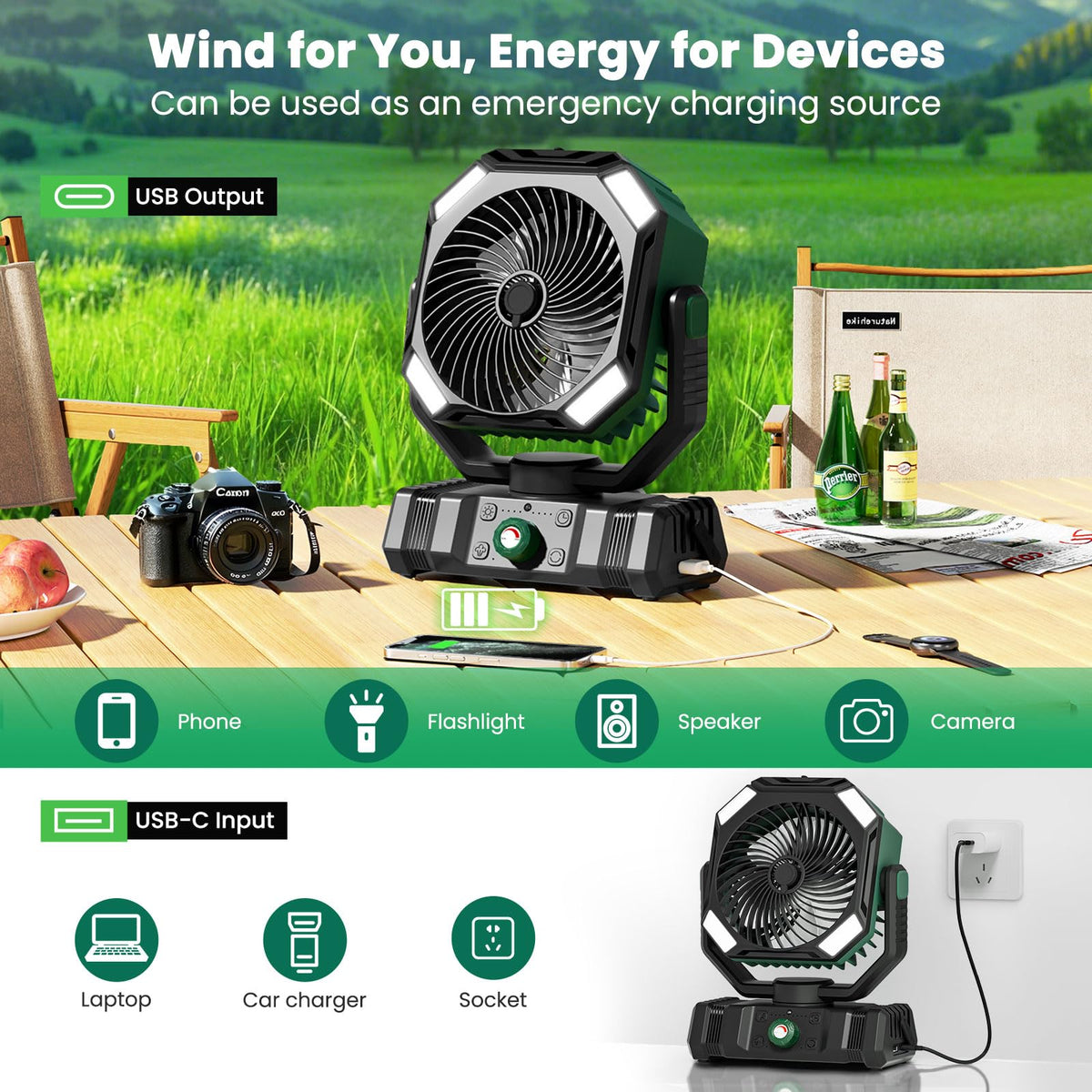 AIEPOCH camping fan with built-in LED lantern for tent lighting at night.