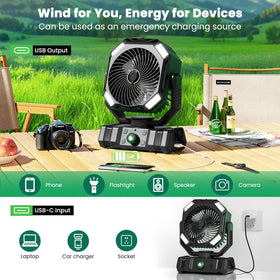 AIEPOCH camping fan with built-in LED lantern for tent lighting at night.