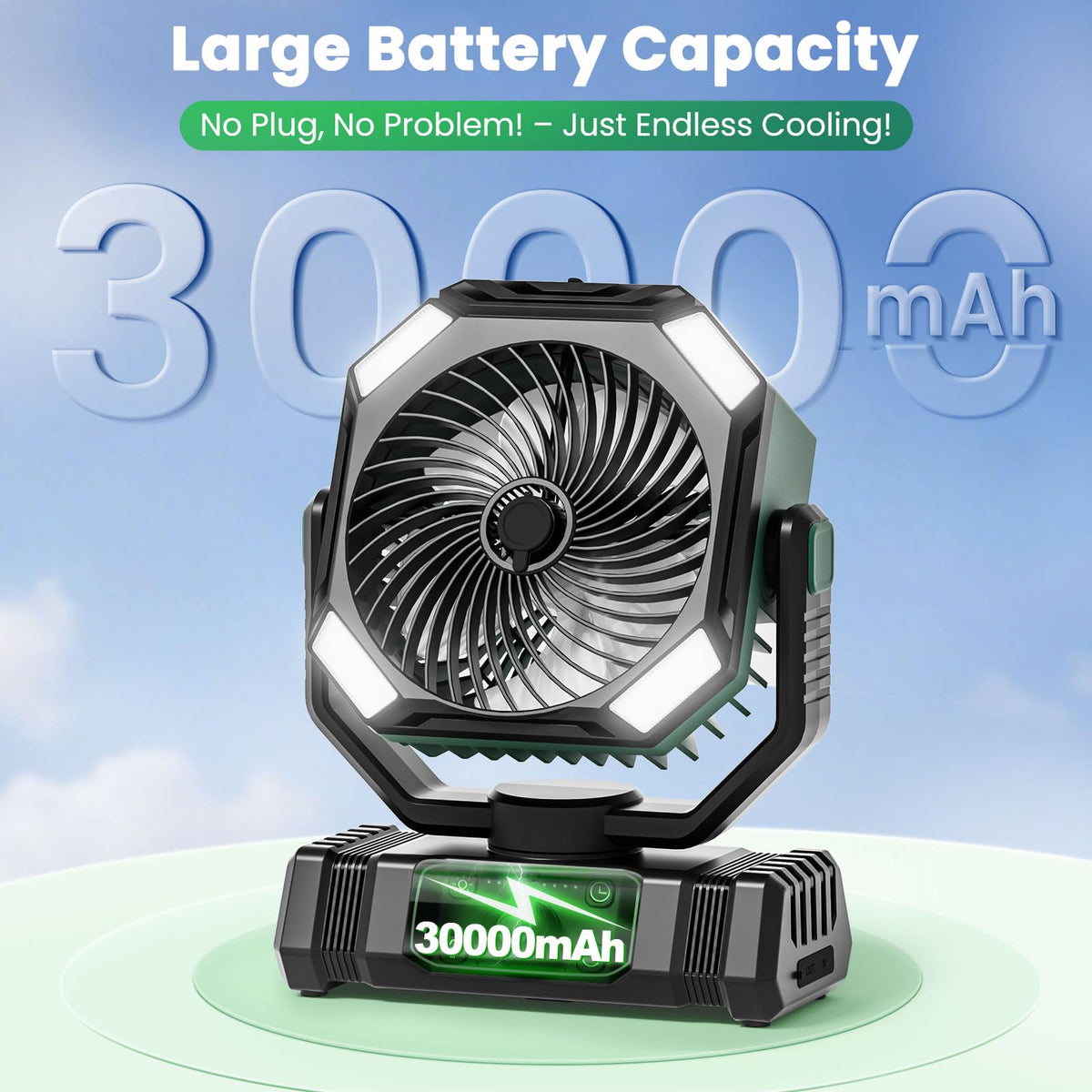 Nano mist technology in the AIEPOCH fan delivering refreshing cooling outdoors.