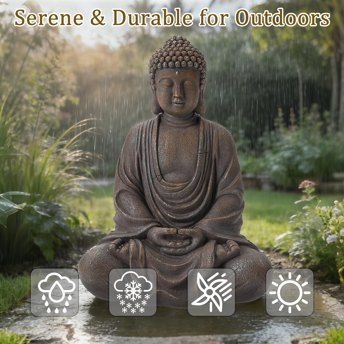 Aifeorzo Buddha statue on porch for peaceful entryway.