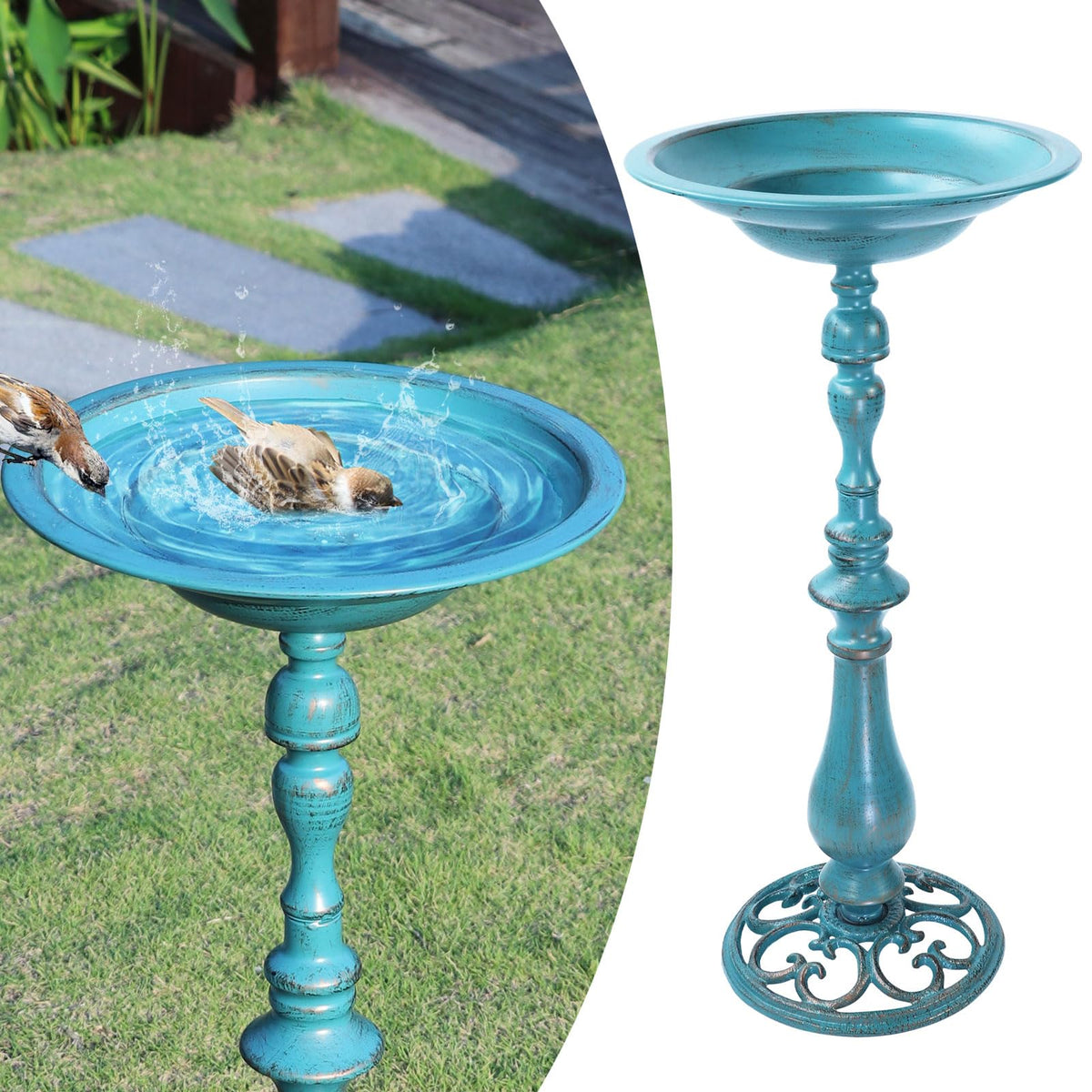 AIHAOKAN blue bird bath pedestal adds garden charm and stability.