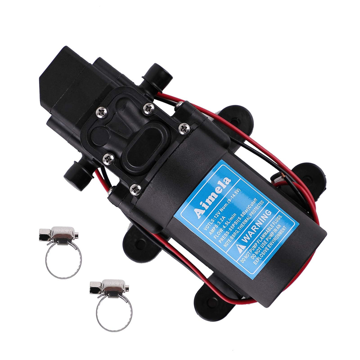 Aimela 12V DC pump head close-up highlighting robust PPS construction