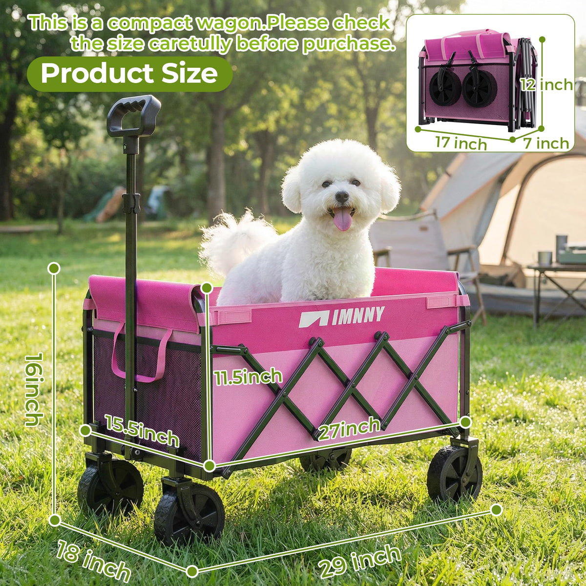 Aimnny pink wagon cart showing 360° wheels on terrain.