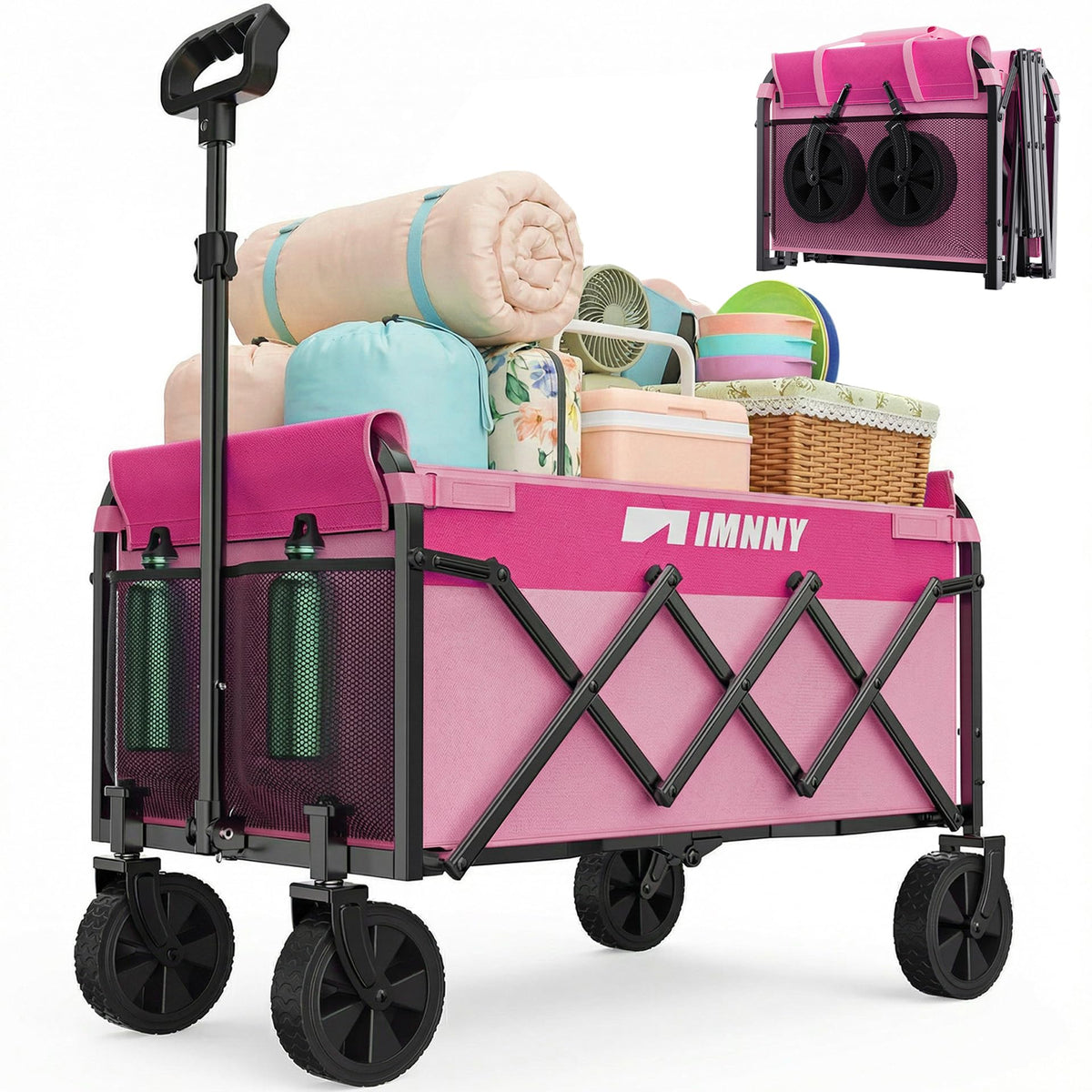 Aimnny pink collapsible wagon cart folded for compact trunk storage.