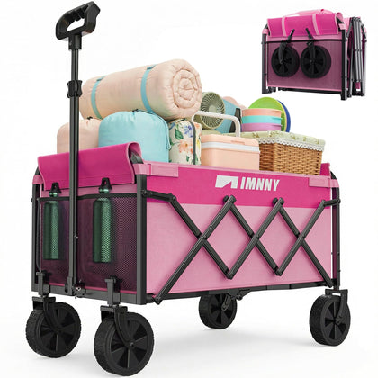 Aimnny pink collapsible wagon cart folded for compact trunk storage.