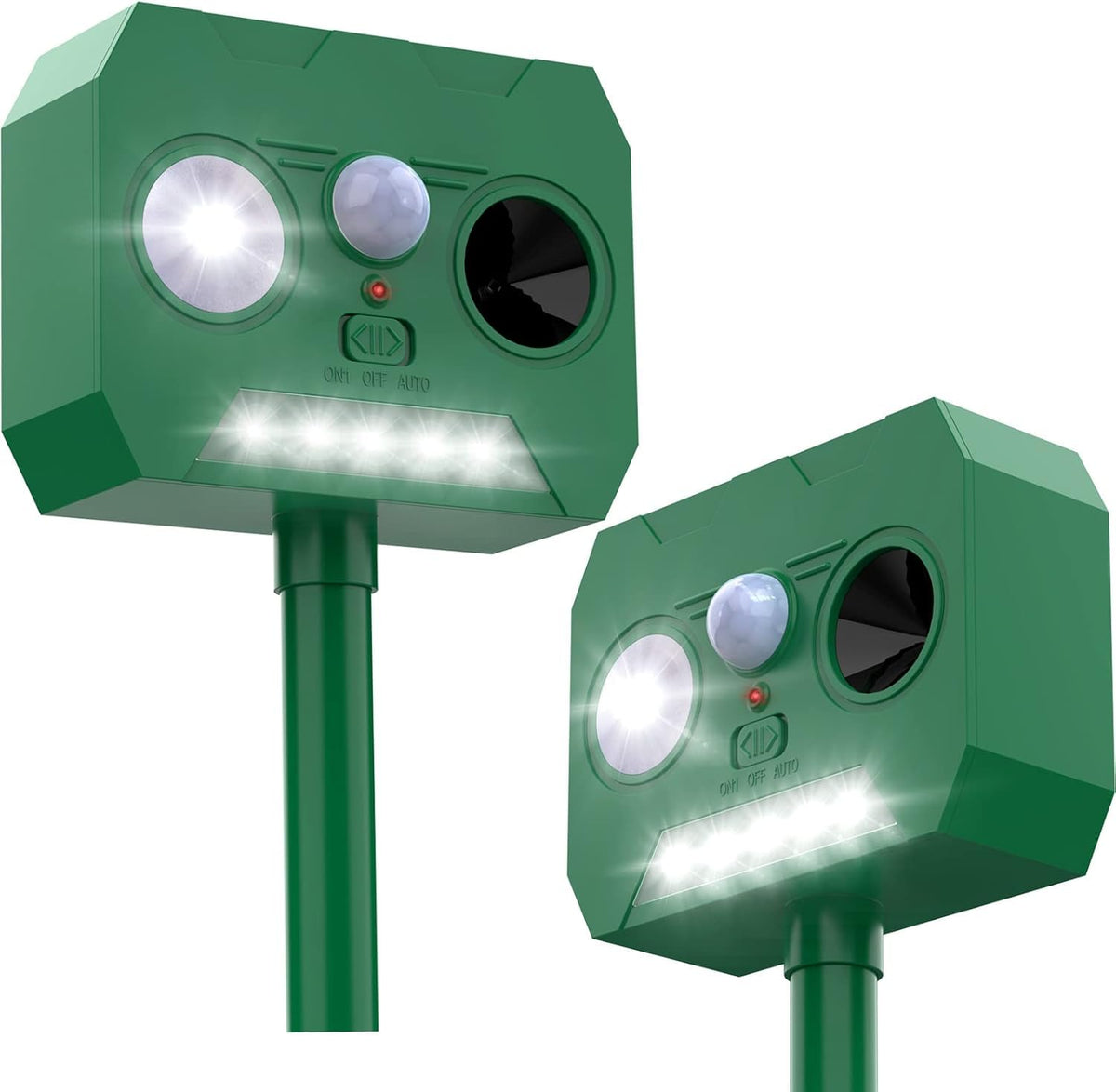 Ainneie Solar Cat Deterrent 2-Pack front view highlights solar panel for all-day outdoor protection.